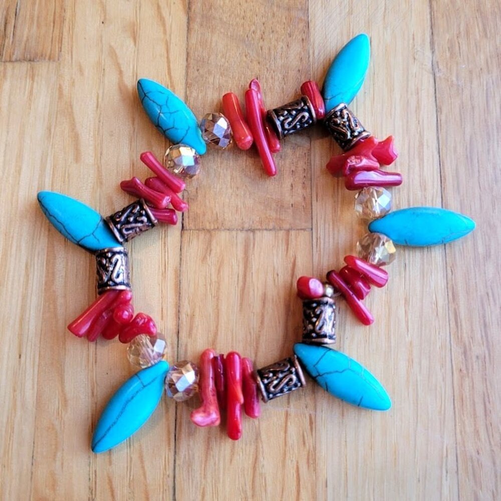 SET of 3 Southwest Turquoise & Red Coral Chip Multi Bead Stretch Bracelets Stack - Picture 4 of 5